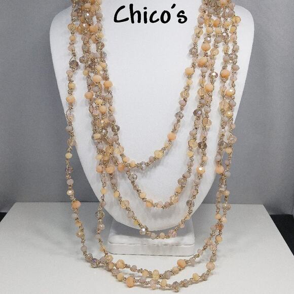 Chico's Peach Opalescence Crystal Bead Gold Thread Necklace, 27 Inches - Picture 1 of 8